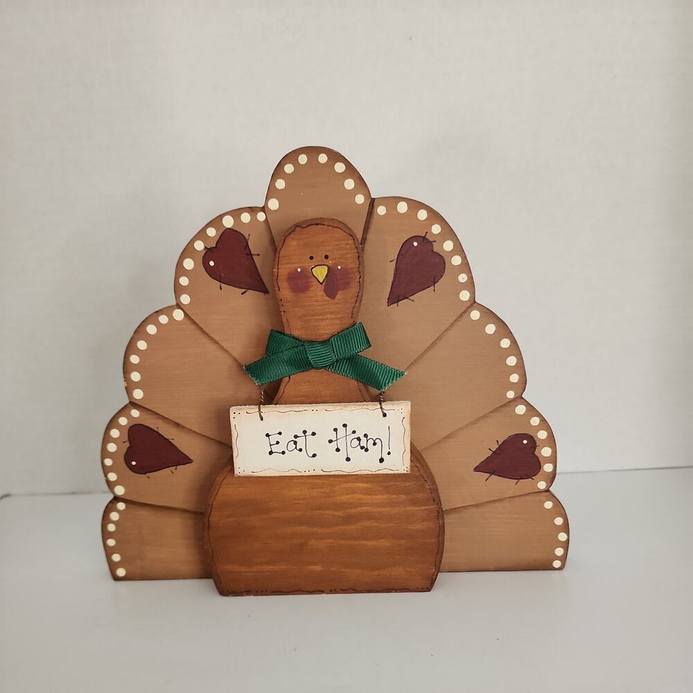 Vtg Hand Crafted Painted Wooden Folk Art Turkey-Hearts, Eat Ham Sign- Signed - Picture 14 of 16
